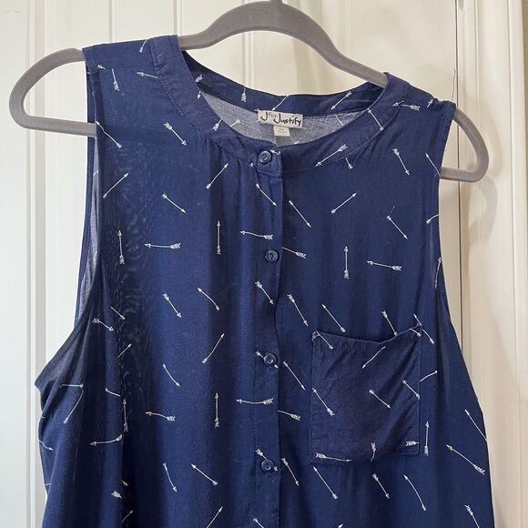J For Justify Navy Blue Cream Arrows Print Sleeveless Button Up Dress Womens 2XL - Picture 2 of 10